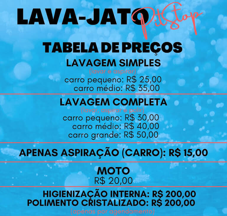 Listamos as precificações de lava jato e lava rápido